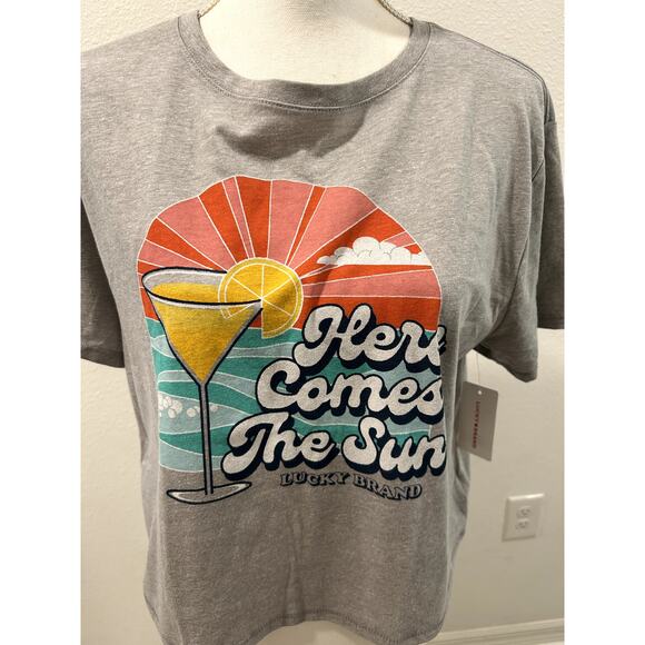 Lucky Brand Womens Cropped T-Shirt Tee Here Comes The Sun Size Medium Gray New - Picture 2 of 6